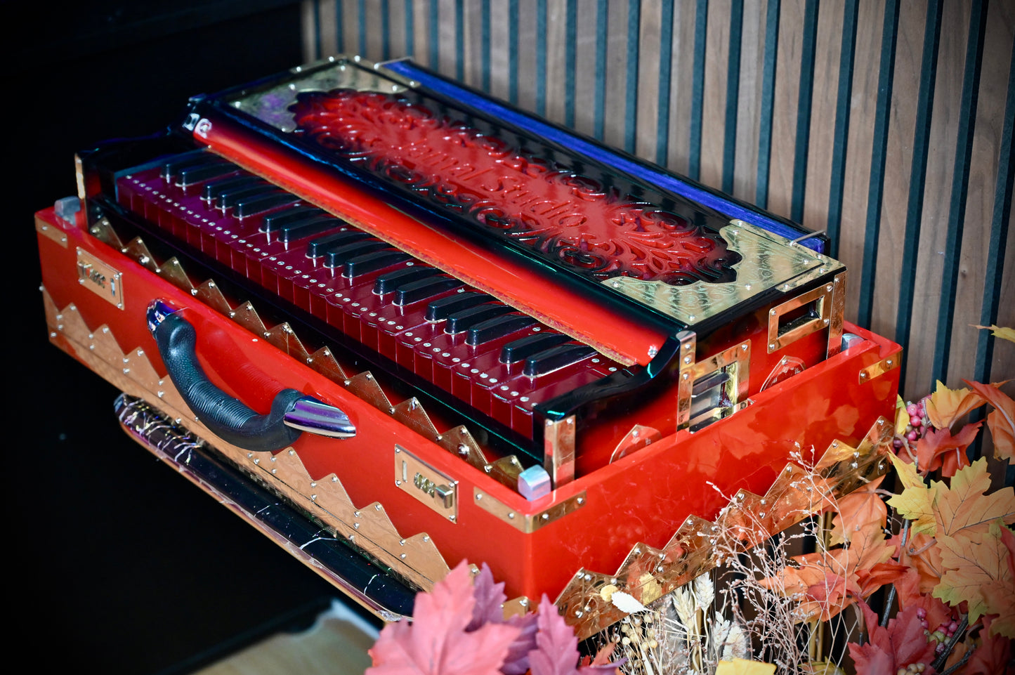 Dark Red 2-Line Handcrafted Harmonium – Jamal Music Store Qawwali Edition