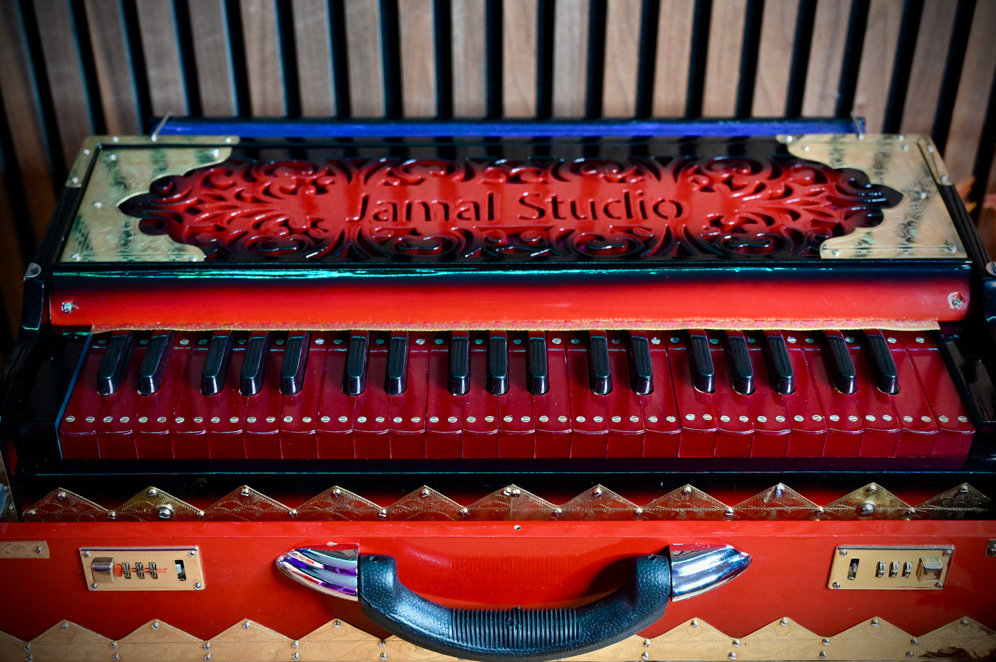 Dark Red 2-Line Handcrafted Harmonium – Jamal Music Store Qawwali Edition