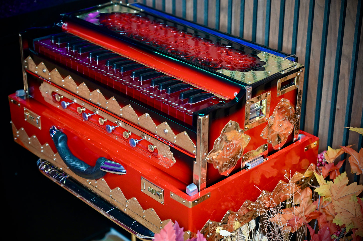 Dark Red 2-Line Handcrafted Harmonium – Jamal Music Store Qawwali Edition