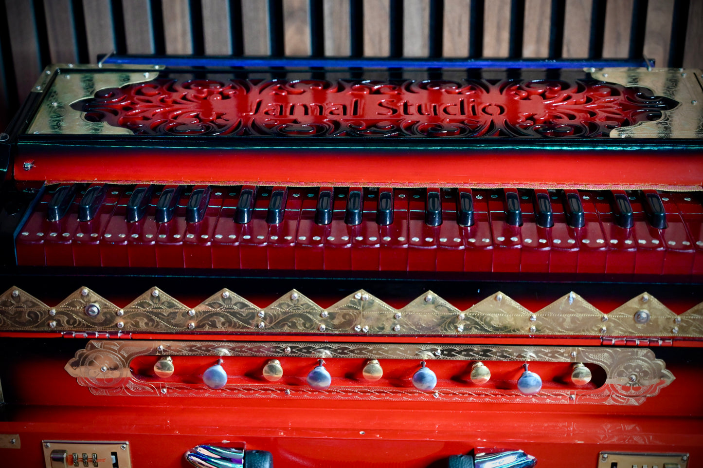 Dark Red 2-Line Handcrafted Harmonium – Jamal Music Store Qawwali Edition