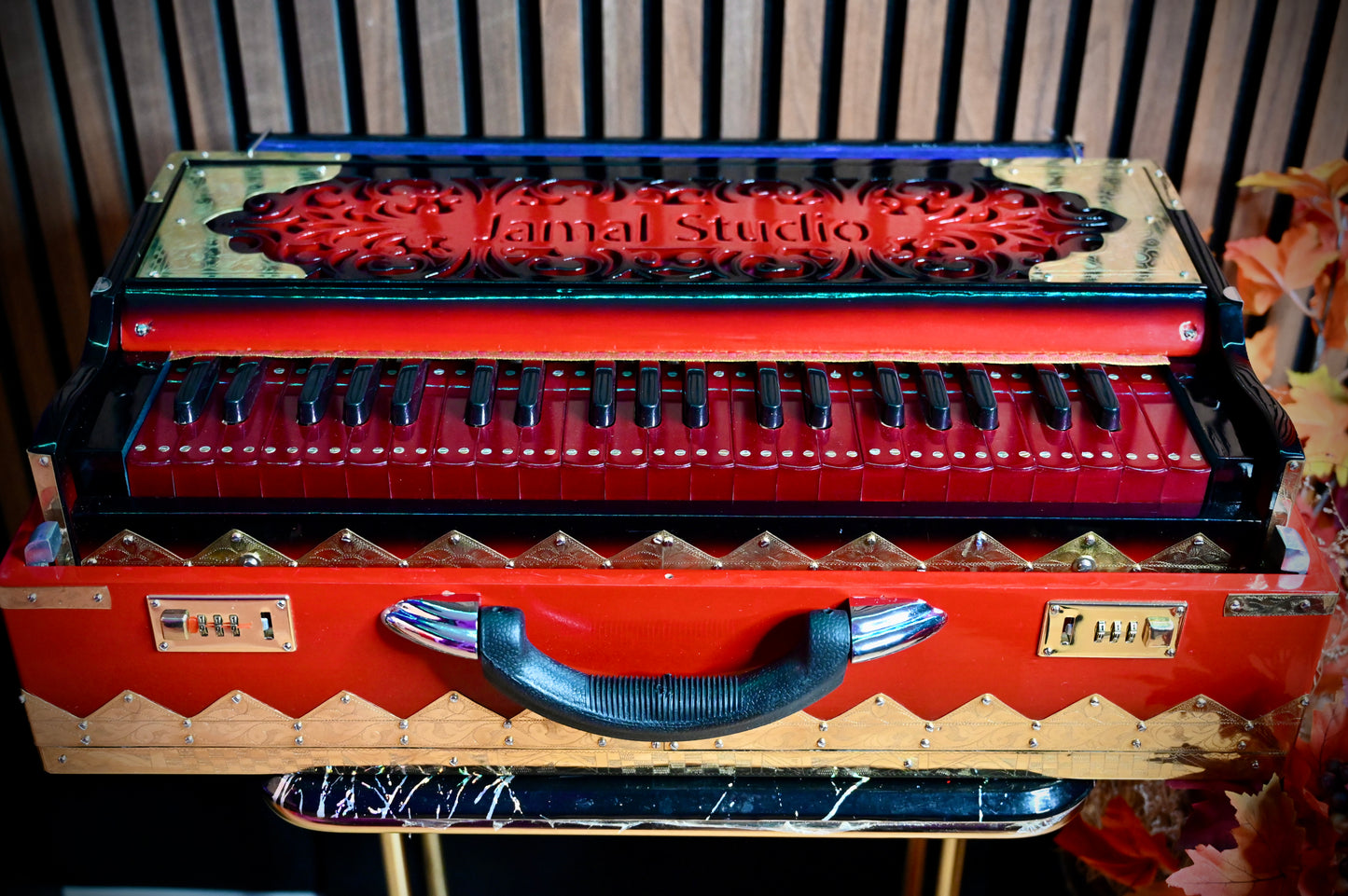 Dark Red 2-Line Handcrafted Harmonium – Jamal Music Store Qawwali Edition