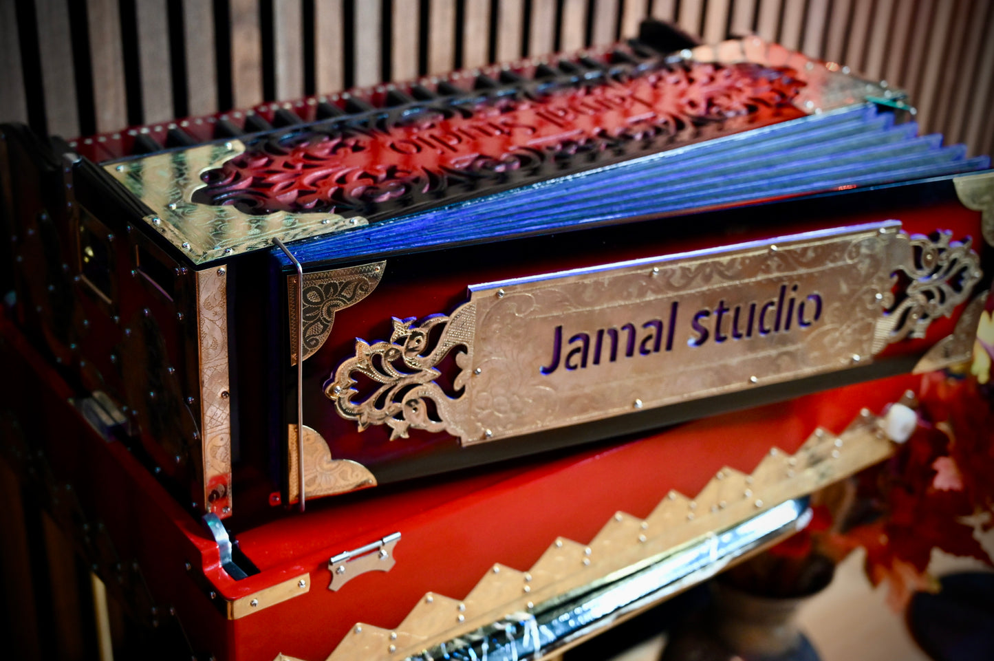 Dark Red 2-Line Handcrafted Harmonium – Jamal Music Store Qawwali Edition