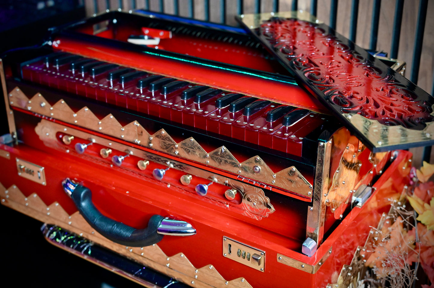 Dark Red 2-Line Handcrafted Harmonium – Jamal Music Store Qawwali Edition